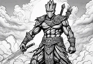 Groot greek warrior with sword, clouds behind tattoo idea