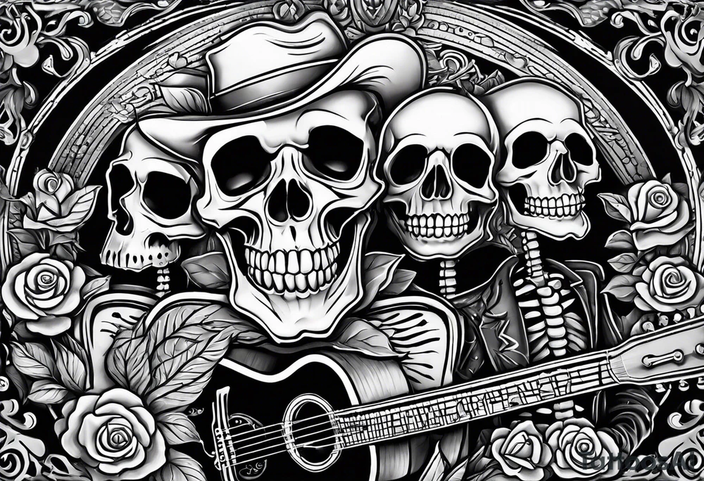 a bar scene with Western female and male skeletons. The female skeleton has hibiscus flowers for eyes, and the male skeleton plays the guitar. tattoo idea
