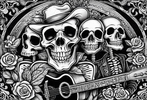 a bar scene with Western female and male skeletons. The female skeleton has hibiscus flowers for eyes, and the male skeleton plays the guitar. tattoo idea
