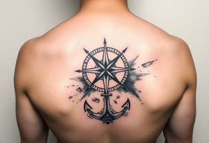 Compass rose with an anchor at the bottom and shattered 
Watercolor background tattoo idea