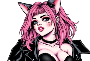 hot goth girl with puppy ears and with piercings on face and big boobs and big butt with black outfit on with pink hair tattoo idea