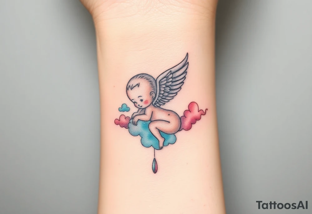 Winged baby, blue and pink watercolor, clouds tattoo idea