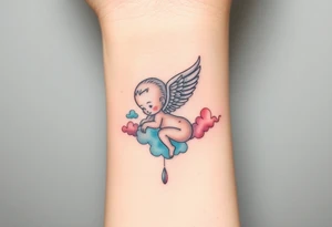Winged baby, blue and pink watercolor, clouds tattoo idea