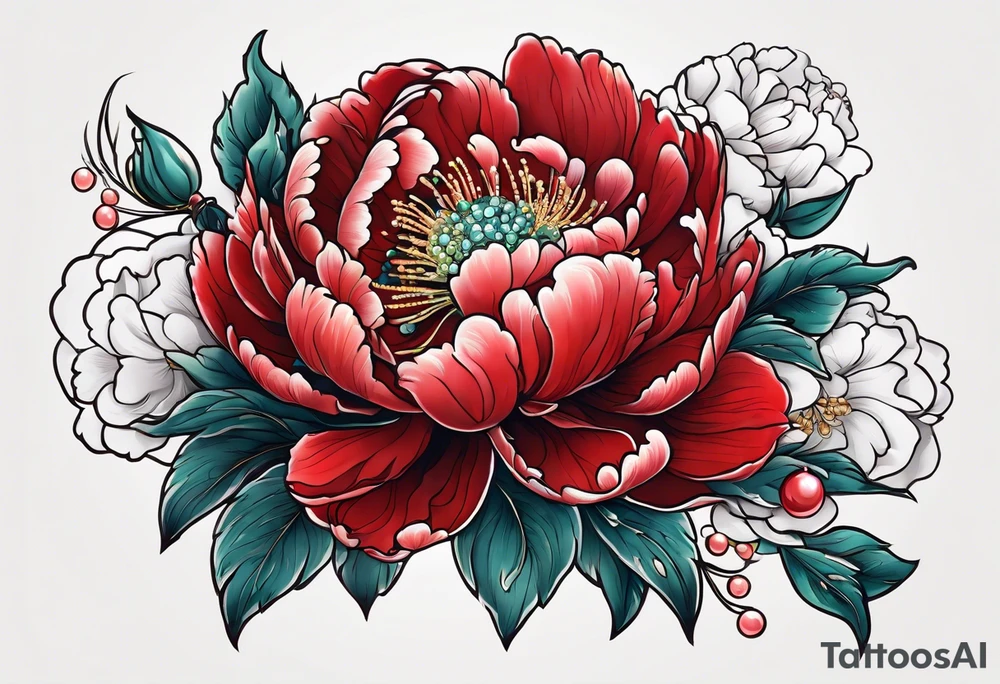 Red peony with dangling pearls with rabbit on top tattoo idea