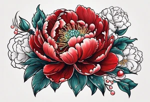 Red peony with dangling pearls with rabbit on top tattoo idea