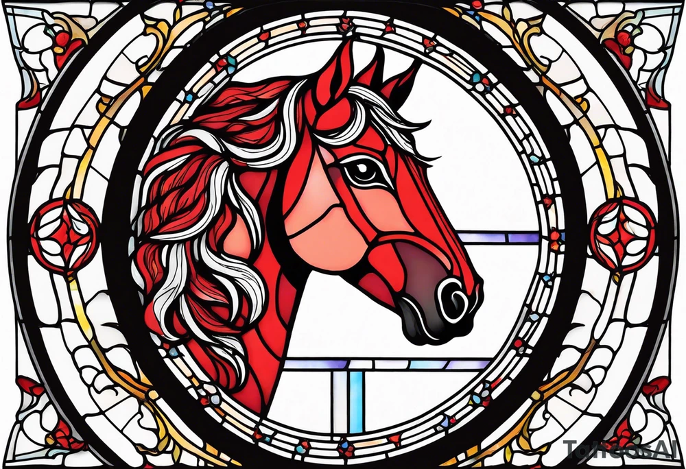 arch shape stained glass window with a red horse's head. tattoo idea