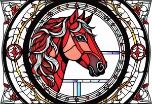 arch shape stained glass window with a red horse's head. tattoo idea