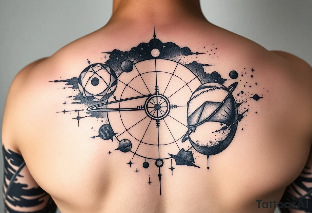 arm sleeve, outer space, planets, geometric patterns, string theory tattoo idea