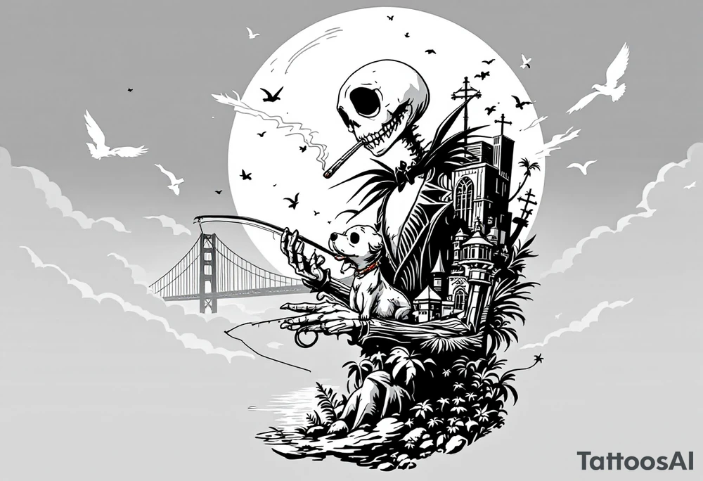 majestic jack skellington with dog,smoking a blunt and fishing,surrounded by city buildings,golden gate bridge, birds, palm trees, tattoo idea