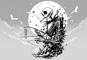 majestic jack skellington with dog,smoking a blunt and fishing,surrounded by city buildings,golden gate bridge, birds, palm trees, tattoo idea