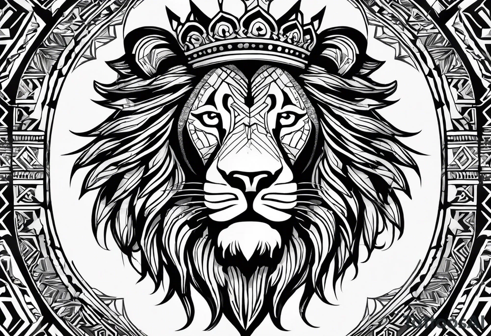 lion's face with a crown, two horizontal black stripes flanking the lion on either side, The overall style is bold and tribal-inspired, with clear, defined lines. tattoo idea