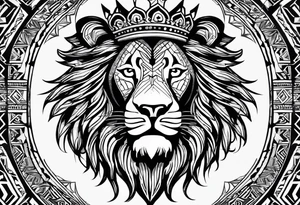 lion's face with a crown, two horizontal black stripes flanking the lion on either side, The overall style is bold and tribal-inspired, with clear, defined lines. tattoo idea