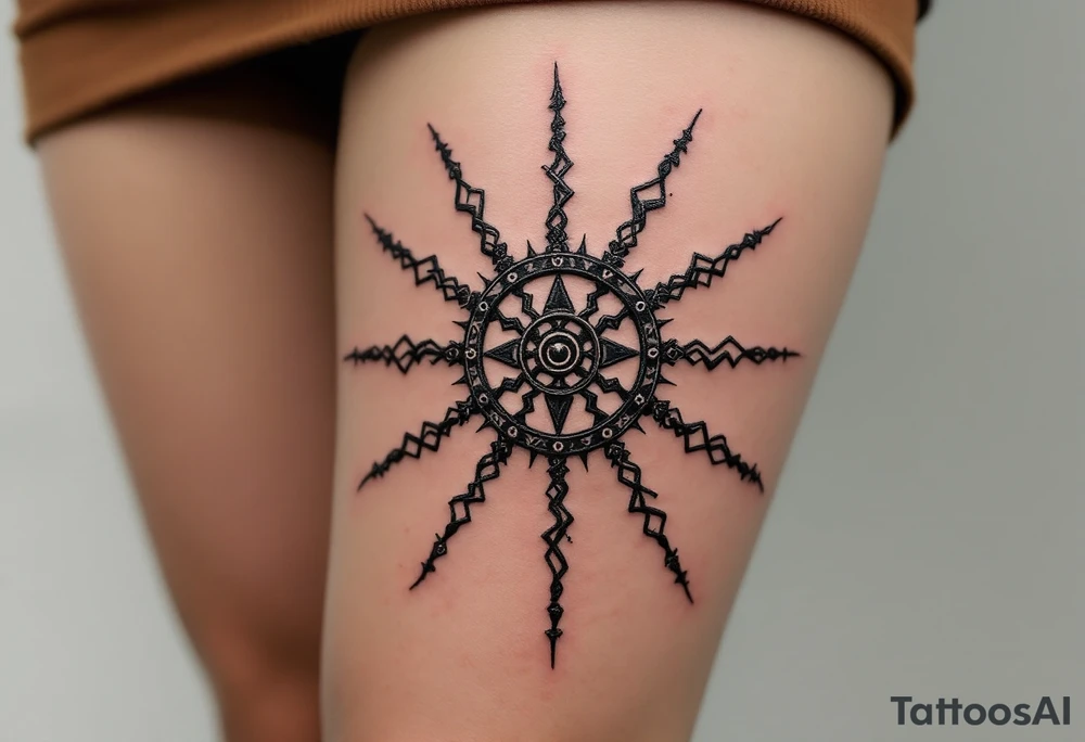 A bold black Kolovrat symbol spins with eight arms, representing the eternal cycle of life and Slavic sun worship. tattoo idea