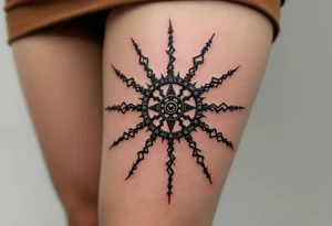 A bold black Kolovrat symbol spins with eight arms, representing the eternal cycle of life and Slavic sun worship. tattoo idea