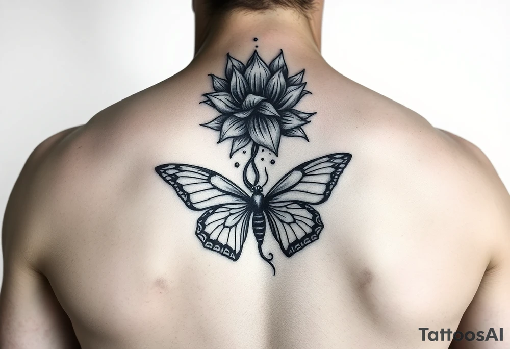 Elegant spine tattoo with lotus flower and butterfly with cracked wings mid back down tattoo idea