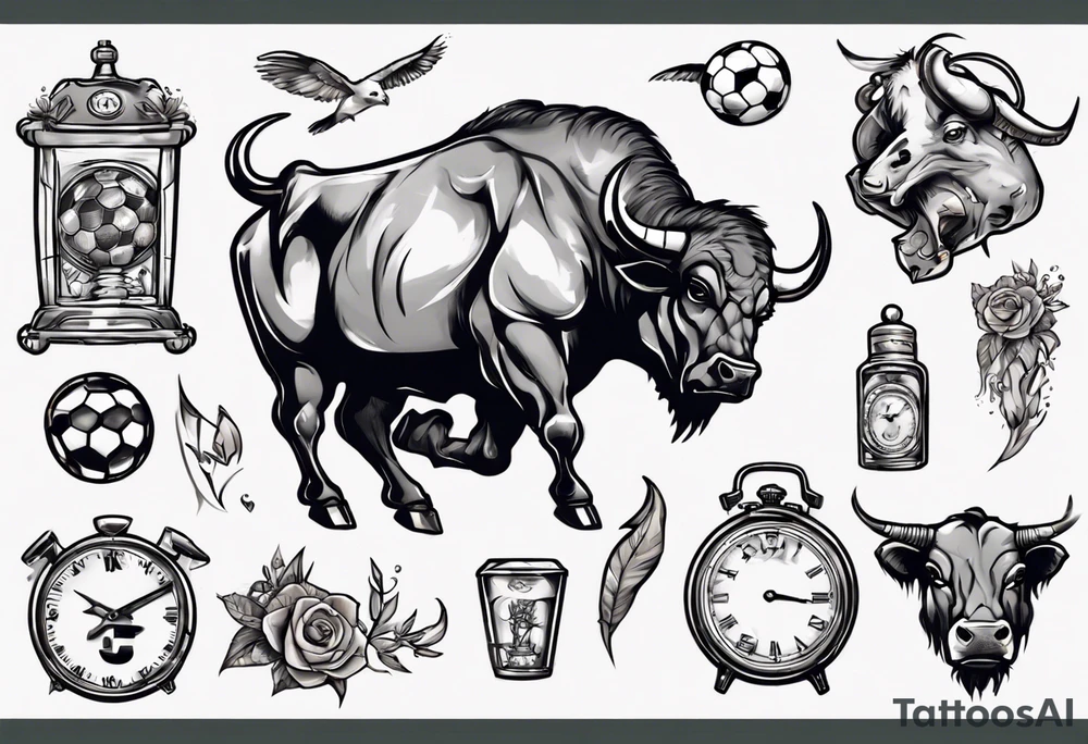J'aimerai un taureau, et une horloge avec dedans mon chiffre 23, et à côté J'aimerai que tu rajoute une petite touche sur le football, tattoo idea