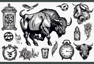 J'aimerai un taureau, et une horloge avec dedans mon chiffre 23, et à côté J'aimerai que tu rajoute une petite touche sur le football, tattoo idea