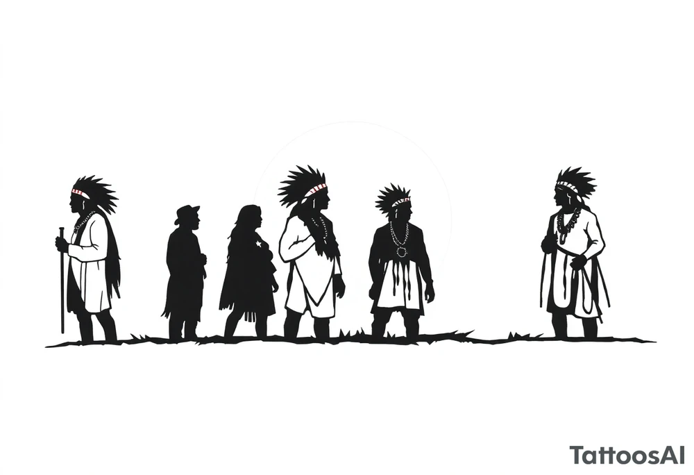 Silhouette of group of Native Americans in sunset tattoo idea