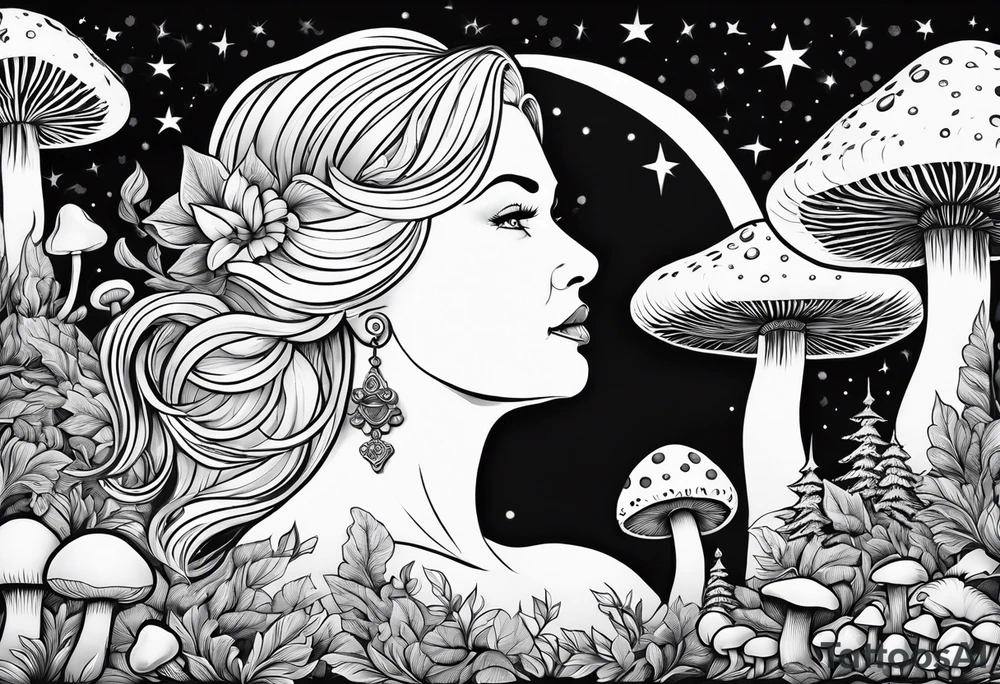 Older blonde fat woman no makeup surrounded by mushrooms mountains crescent moon background tattoo idea