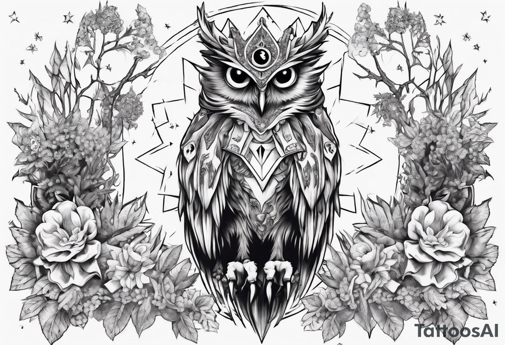 Demon crowned Owl surrounded by poisonous plants, crystals and astrology. tattoo idea