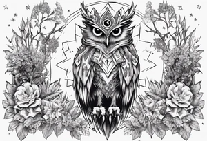 Demon crowned Owl surrounded by poisonous plants, crystals and astrology. tattoo idea