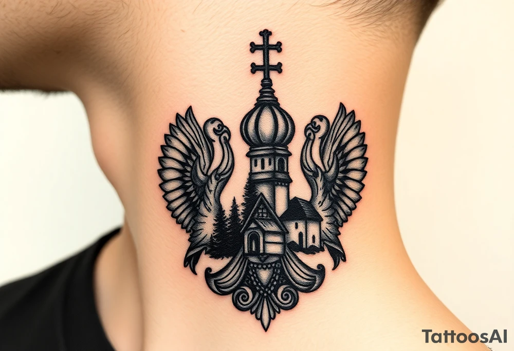Traditional authentic Russian coat of arms with a Christian orthodox virgin marry in the middle and silhouette in a Russian wilderness Christian orthodoxy dome church village setting on the side of my neck tattoo idea