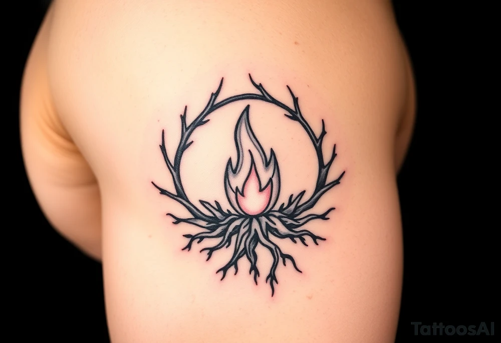 a round flame imprisoned in a roots circle tattoo idea