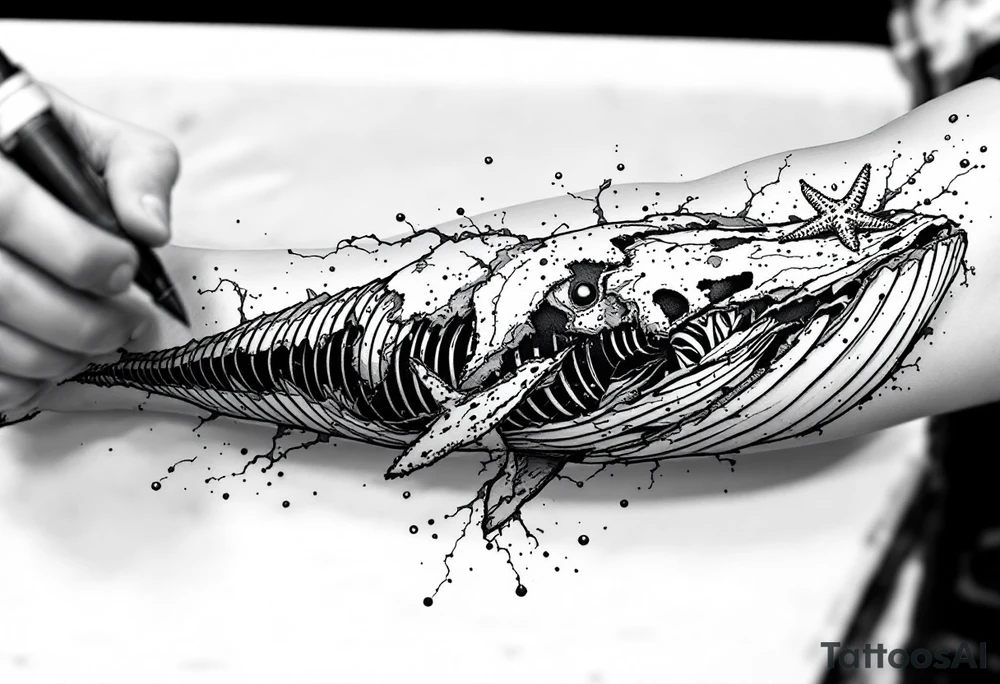 idea is basically a whale that's damaged and torn exposing the skeletal innerts, but it's still fiercely moving forward as hard as it can.

add a starfish that holds on tightly to the whale tattoo idea