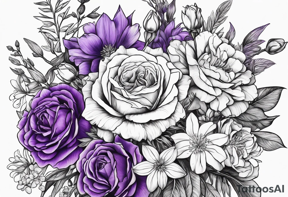 line drawing of a bouquet with a violet, a rose, a larkspur and an aster tattoo idea