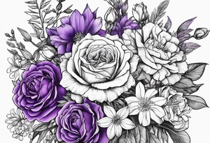 line drawing of a bouquet with a violet, a rose, a larkspur and an aster tattoo idea