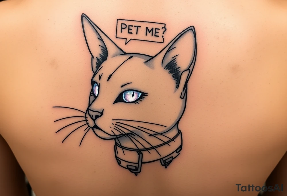 Cybernetic Cat with a Holographic CollarA sleek, cyberpunk cat with one glowing eye and mechanical enhancements.A floating AR display above its head showing "PET ME?"Whiskers made of thin fiber-optic cables. tattoo idea