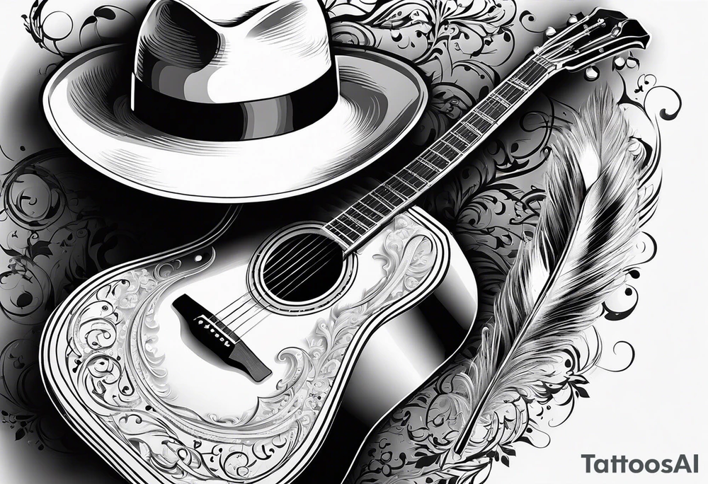 An acoustic guitar leaning against something, next to it is a hat with a long pointy feather on its brim. Musical staves and notes coming out of it tattoo idea