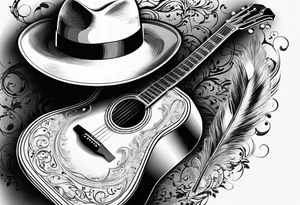 An acoustic guitar leaning against something, next to it is a hat with a long pointy feather on its brim. Musical staves and notes coming out of it tattoo idea