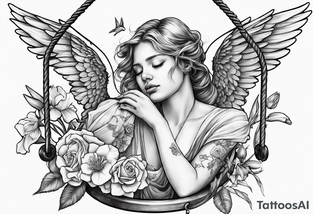 crying broken angel on swing add rose, lily daffodil, daisy, carnation narcissus around add hummingbird tattoo idea