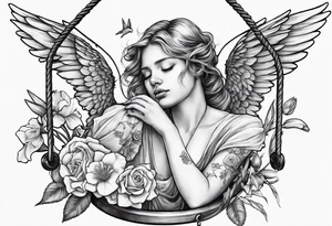 crying broken angel on swing add rose, lily daffodil, daisy, carnation narcissus around add hummingbird tattoo idea