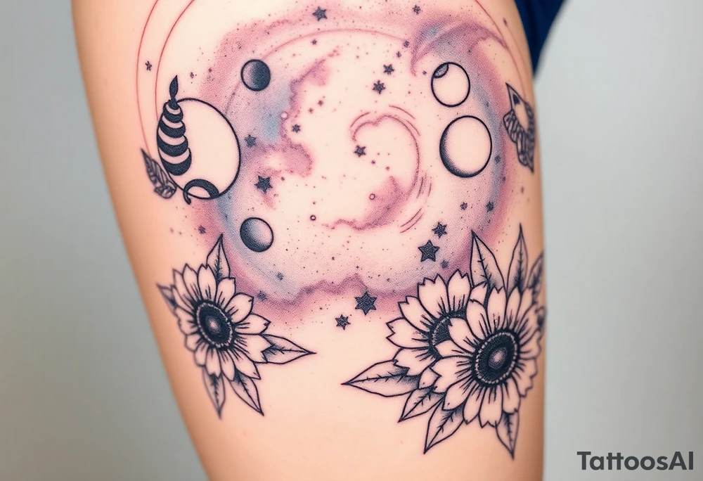 Milky way galaxy with planets with zodiac symbols and protection runes in it with tigerlillies roses and sunflowers tattoo idea