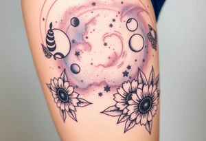 Milky way galaxy with planets with zodiac symbols and protection runes in it with tigerlillies roses and sunflowers tattoo idea