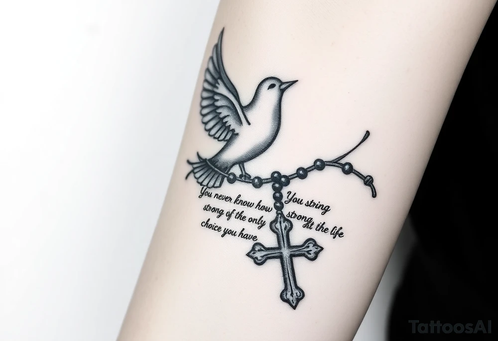 i have a front arm tat with a small dove at the front of the above the wrist and thorns covering through the wrist like a bracelet and prayer beads all throughout the words that say you never know how strong you are until being strong is the only choice you have and a cross on the side of the dove and theres also a dove rat the baxck of thee arm right near the elbow a bigger dove and theres a biggert cross right by that dover too make a tatoo of that and the cross isnt normal its super unique looking and has that cool look too it and detailed tattoo idea