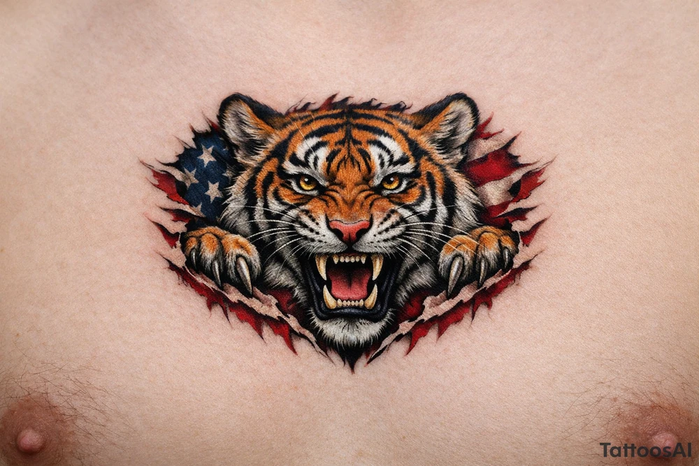 Tiger ripping throught the chest with the American Flag in the background.  Almost like the Amercian Flag is the blood of the body.  Make it bigger and add color.  The tiger should be more front.  So the ears are out from the body.  Bigger.  This is on the chest.  Not the back. tattoo idea