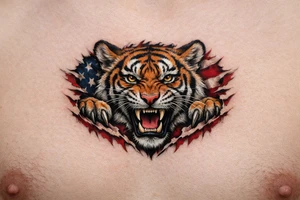 Tiger ripping throught the chest with the American Flag in the background.  Almost like the Amercian Flag is the blood of the body.  Make it bigger and add color.  The tiger should be more front.  So the ears are out from the body.  Bigger.  This is on the chest.  Not the back. tattoo idea