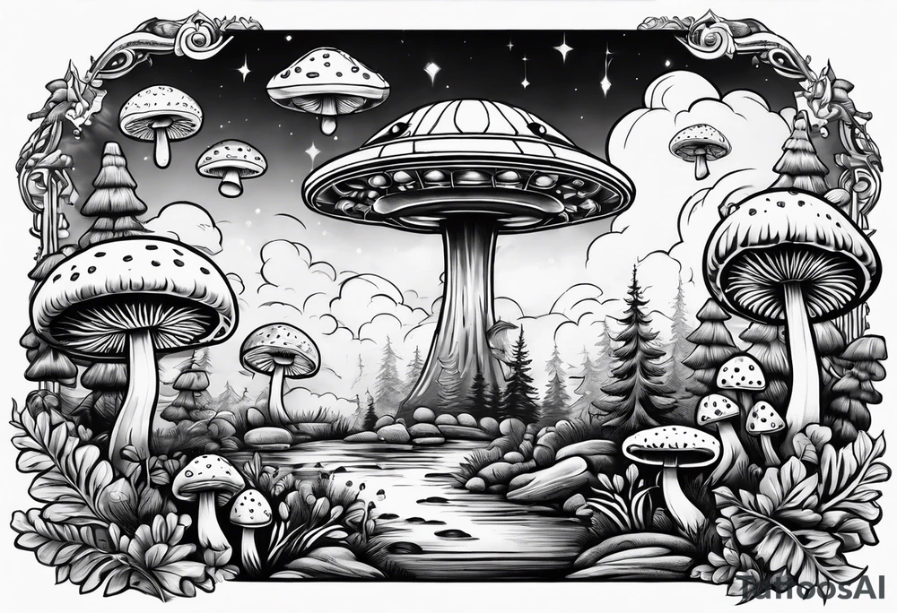 small ufo in sky above mushrooms and trees tattoo idea
