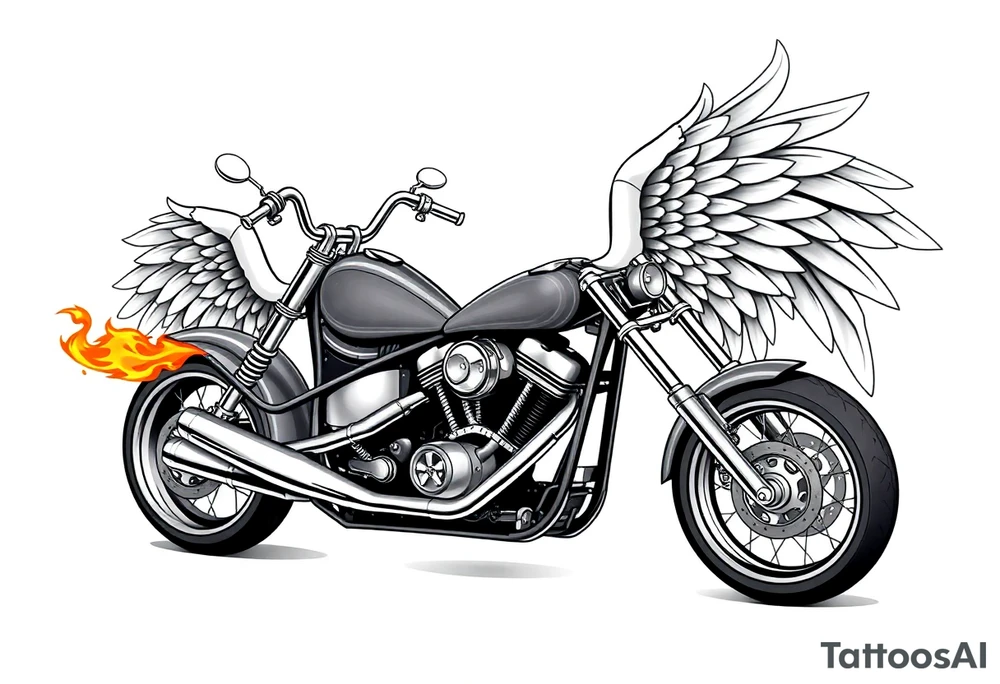 Low rider grey motorcycle, big muffler pipes with flames, angel wings, driving away, no person tattoo idea