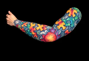 left arm full sleeve to support autism awareness full color and completed filled tattoo idea