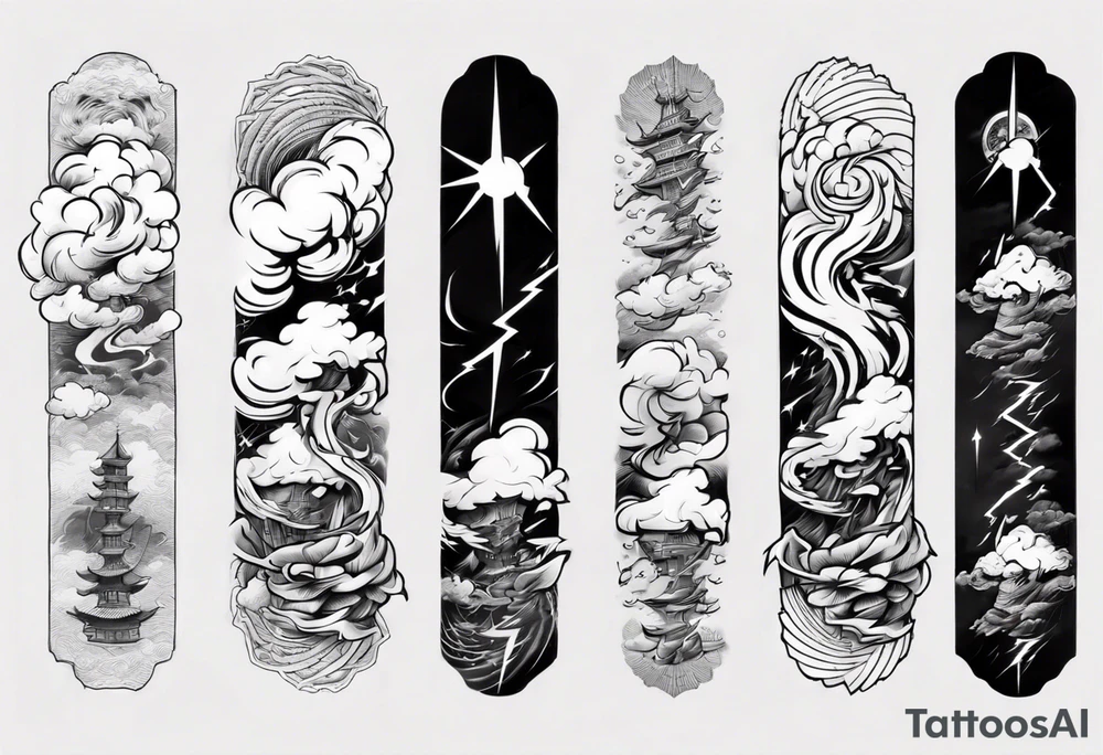 forearm sleeve lightning and clouds pattern tattoo idea