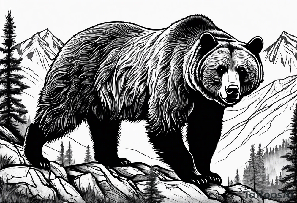grizzly bear mountain forest tattoo idea
