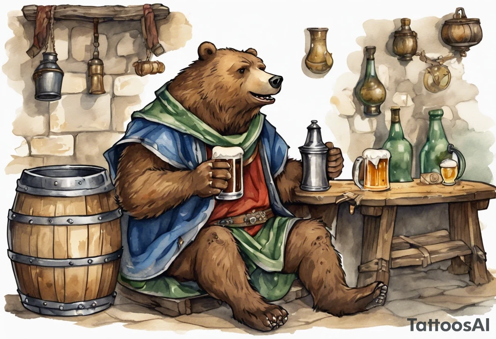 a medieval bear-human wearing a tunic and drinking from a pewter mug of beer in a tavern, laughing tattoo idea