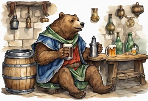 a medieval bear-human wearing a tunic and drinking from a pewter mug of beer in a tavern, laughing tattoo idea