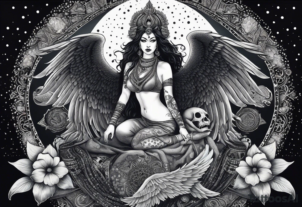 black kali, goddess pirate, alien, angel, pachamama, valkrye, warrior, flying, skull, lotus azul, wing, eagle, zenza resonance, stars, 5D, anahata chakra, death, durga, riding on a tiger, flying lady, kundalini, chest tatoo, samuri, rebel,serpent tattoo idea