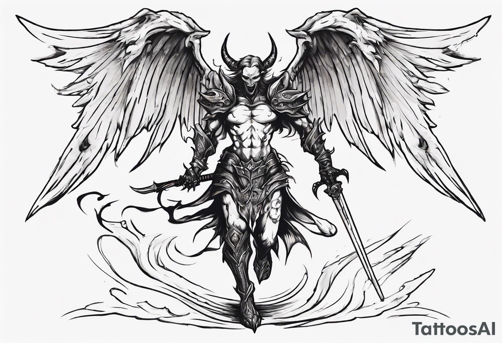 A demon angel wearing organic armor that is in mid-air with his two-handed sword behind them about to attack. tattoo idea