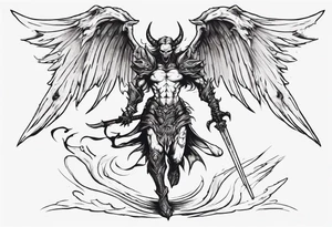 A demon angel wearing organic armor that is in mid-air with his two-handed sword behind them about to attack. tattoo idea